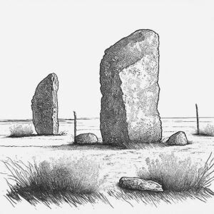 Blyantstegning af gamle stenaldermonumenter