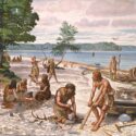 Illustration af folk fra Ertebøllekulturen ved havet