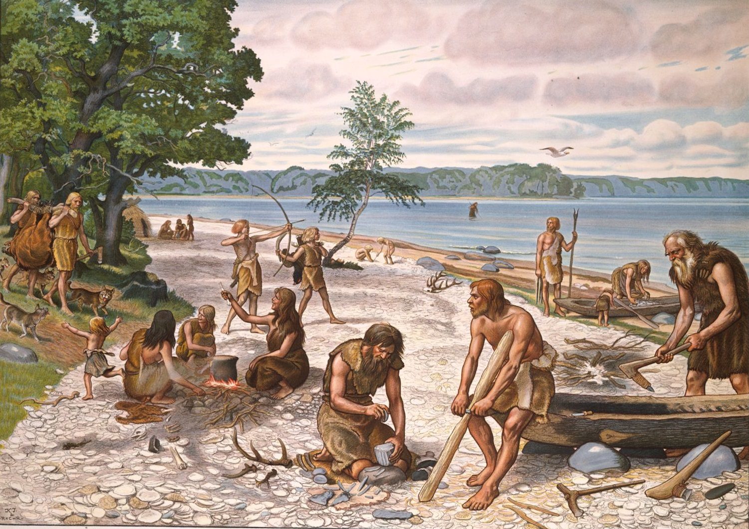 Illustration af folk fra Ertebøllekulturen ved havet