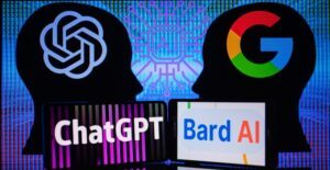 Storskærm viser de kunstige intelligenser Chatgpt Open Ai og Googles Bard
