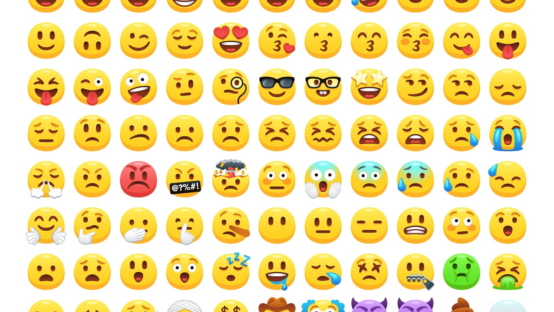 Rækker med forskellige emojis på hvid baggrund
