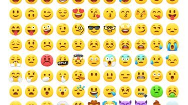 Rækker med forskellige emojis på hvid baggrund