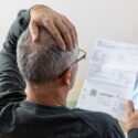 Mand har åbnet en regning og tager sig bekymret til hovedet