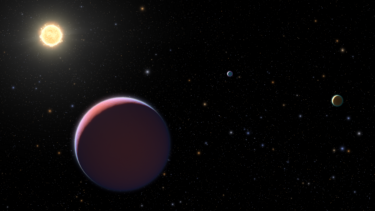En illustration af Kepler-51 og tre store planeter
