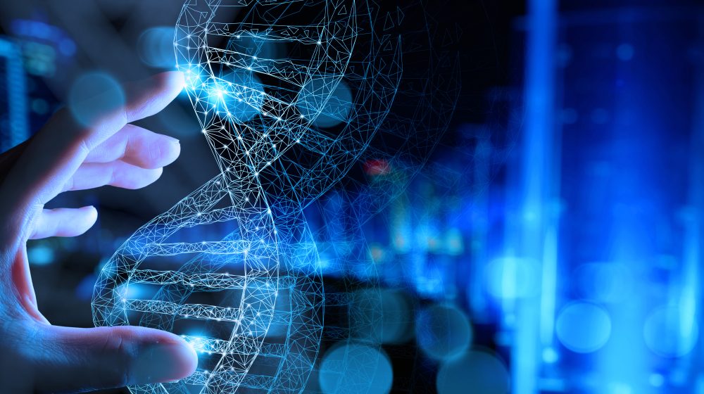 En hånd holder over en illustration af DNA
