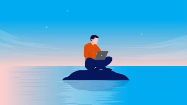 En illustration af en mand, der sidder på en lille ø på havet med en computer på sit skød.