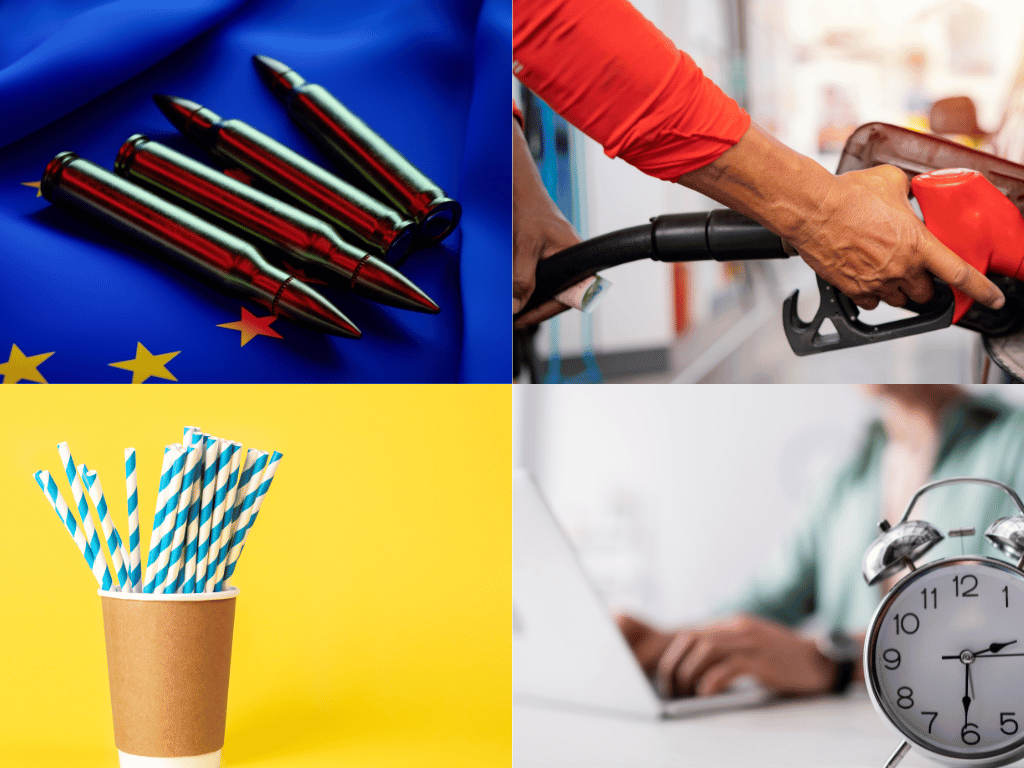 En collage af fire billeder. Øverst til venstre er et EU-flag med fire patroner, til højre er en person i gang med at tanke en personbil. Nederst til venstre er en kop med papirsugerør og til højre en person, der arbejder bagved et ur.
