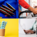 En collage af fire billeder. Øverst til venstre er et EU-flag med fire patroner, til højre er en person i gang med at tanke en personbil. Nederst til venstre er en kop med papirsugerør og til højre en person, der arbejder bagved et ur.