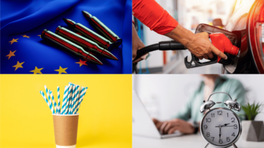 En collage af fire billeder. Øverst til venstre er et EU-flag med fire patroner, til højre er en person i gang med at tanke en personbil. Nederst til venstre er en kop med papirsugerør og til højre en person, der arbejder bagved et ur.