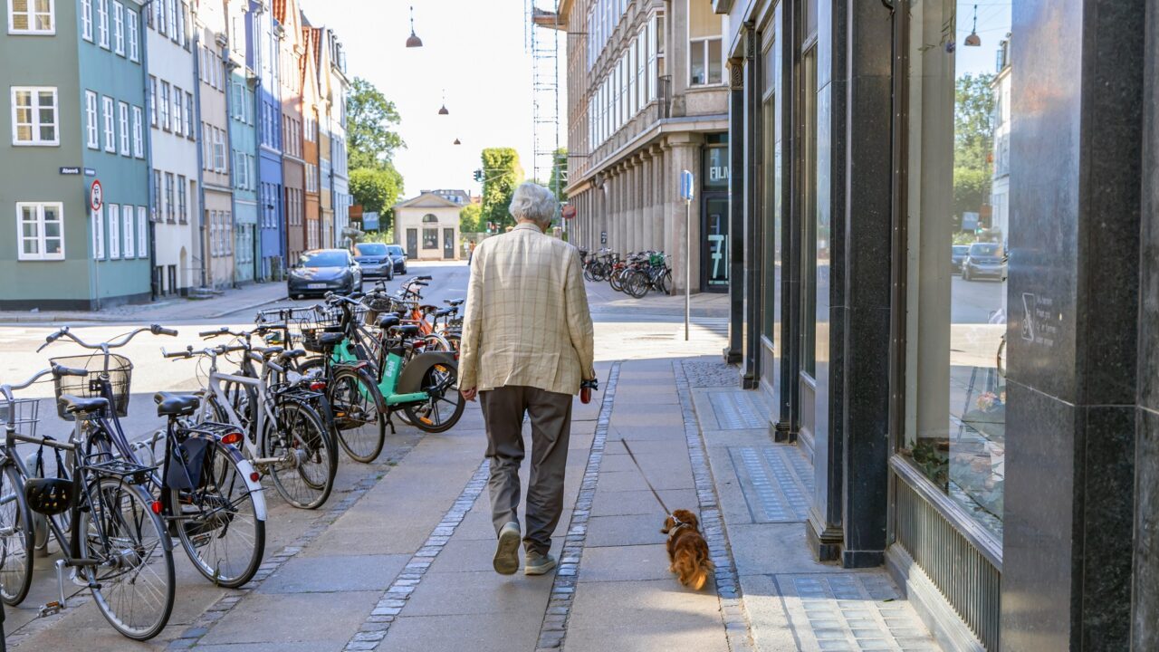 Mand går tur med en hund på fortovet i København