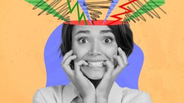 Nervous,Girl,Workaholic,Panic,Biting,Nails,Collage,Illustration,Of,Tired