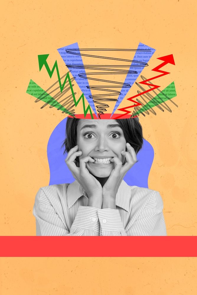 Nervous,Girl,Workaholic,Panic,Biting,Nails,Collage,Illustration,Of,Tired