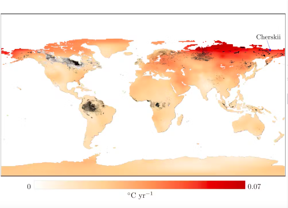 Røde områder opvarmes hurtigst, mens sorte og grå områder viser CO2-rig tørvejord. Der er betydelige overlap mellem de to, som for eksempel i Cherskii i det nordlige Sibirien. 