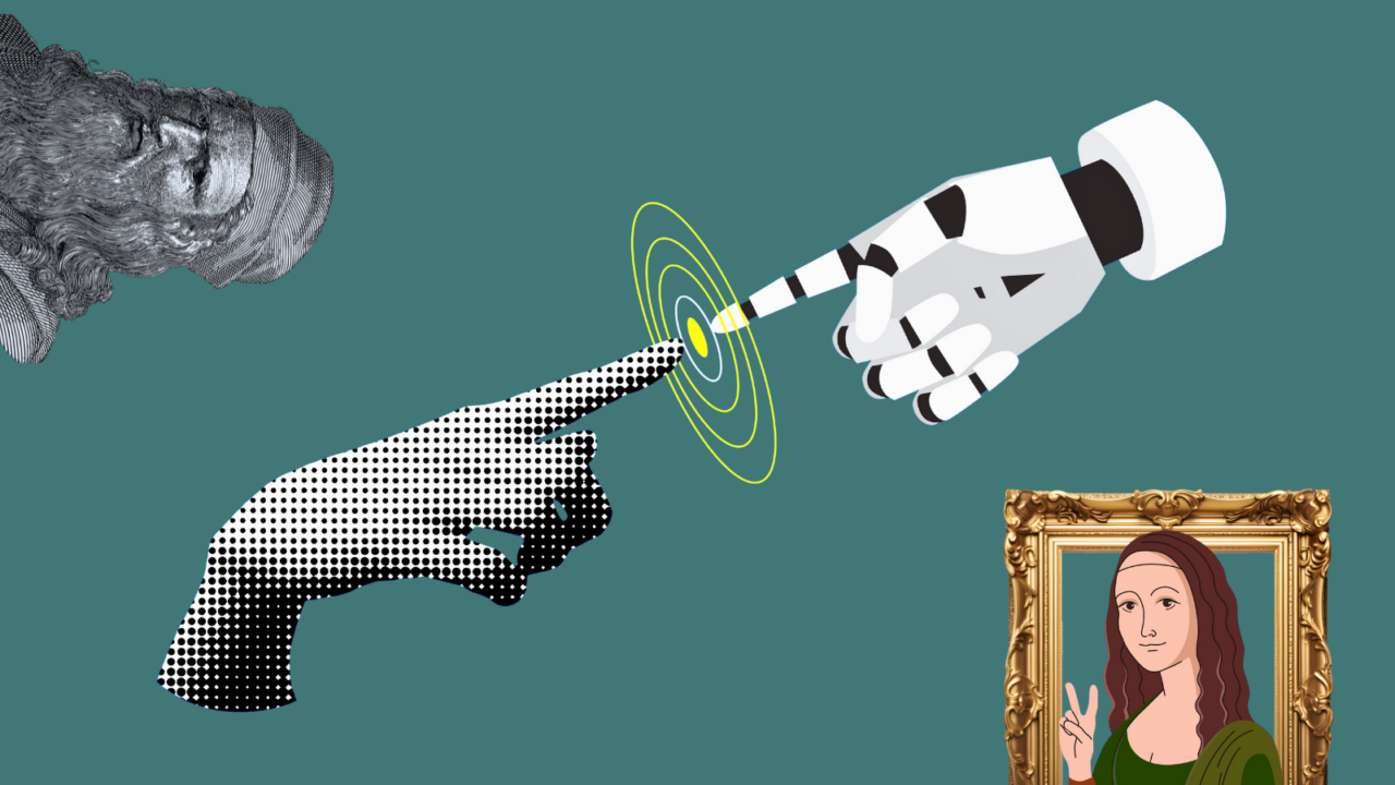 da vinci kigger skælmsk på robot og menneske hånd