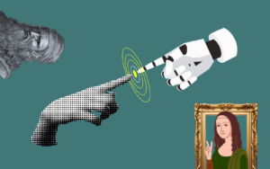 da vinci kigger skælmsk på robot og menneske hånd