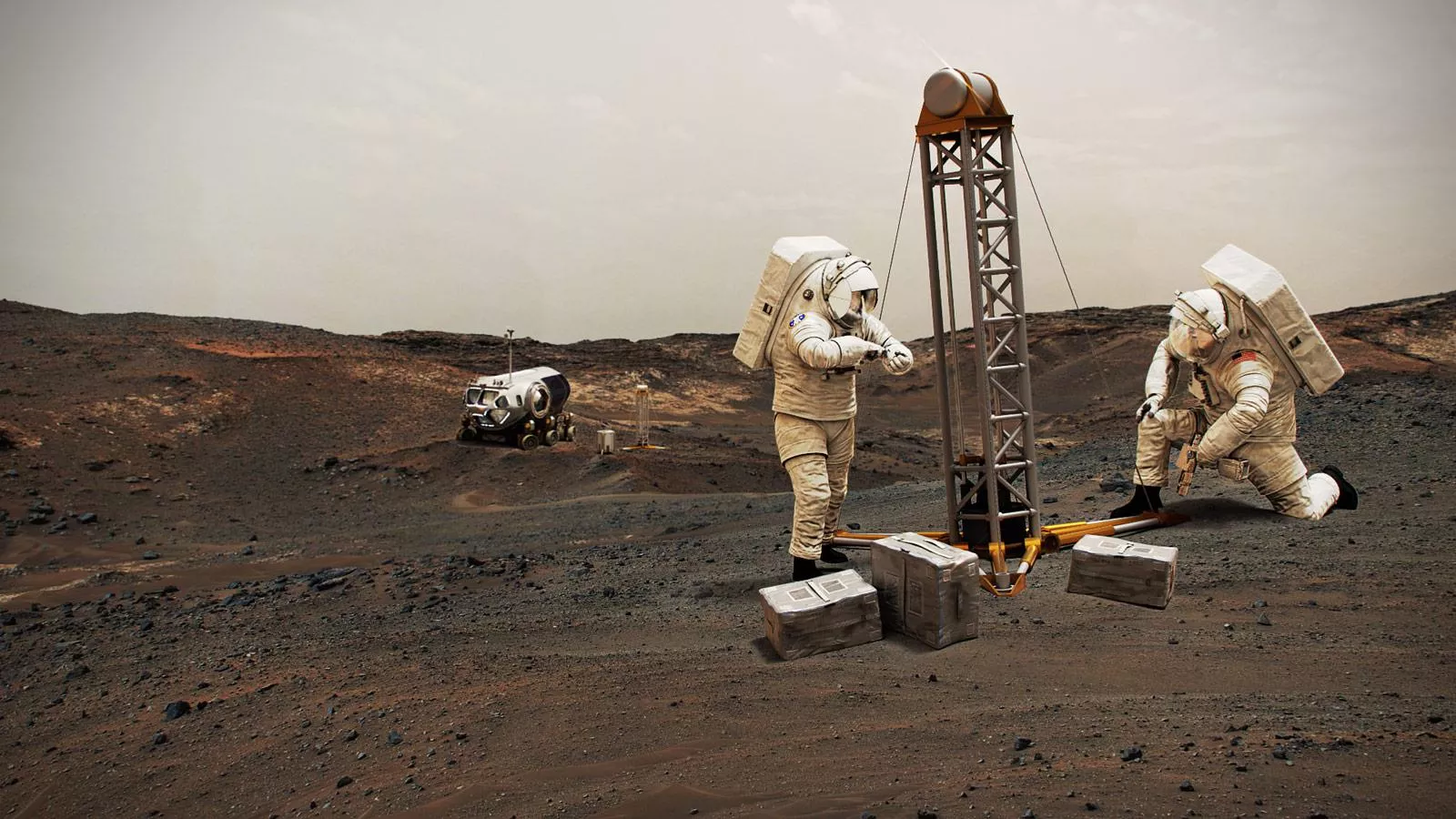 Illustration af en besætning på Mars, der opsætter boreudstyr