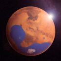 Billede af planeten Mars med optegelser af mulige havområder