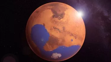 Billede af planeten Mars med optegelser af mulige havområder