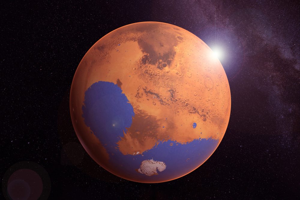 Billede af planeten Mars med optegelser af mulige havområder
