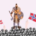 illustration af viking, der står på dødningehoveder