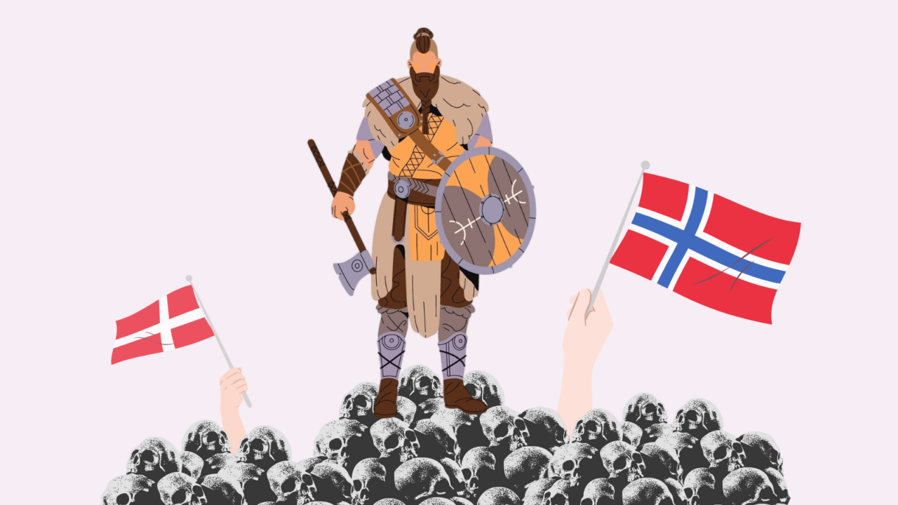 illustration af viking, der står på dødningehoveder