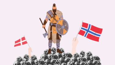 illustration af viking, der står på dødningehoveder