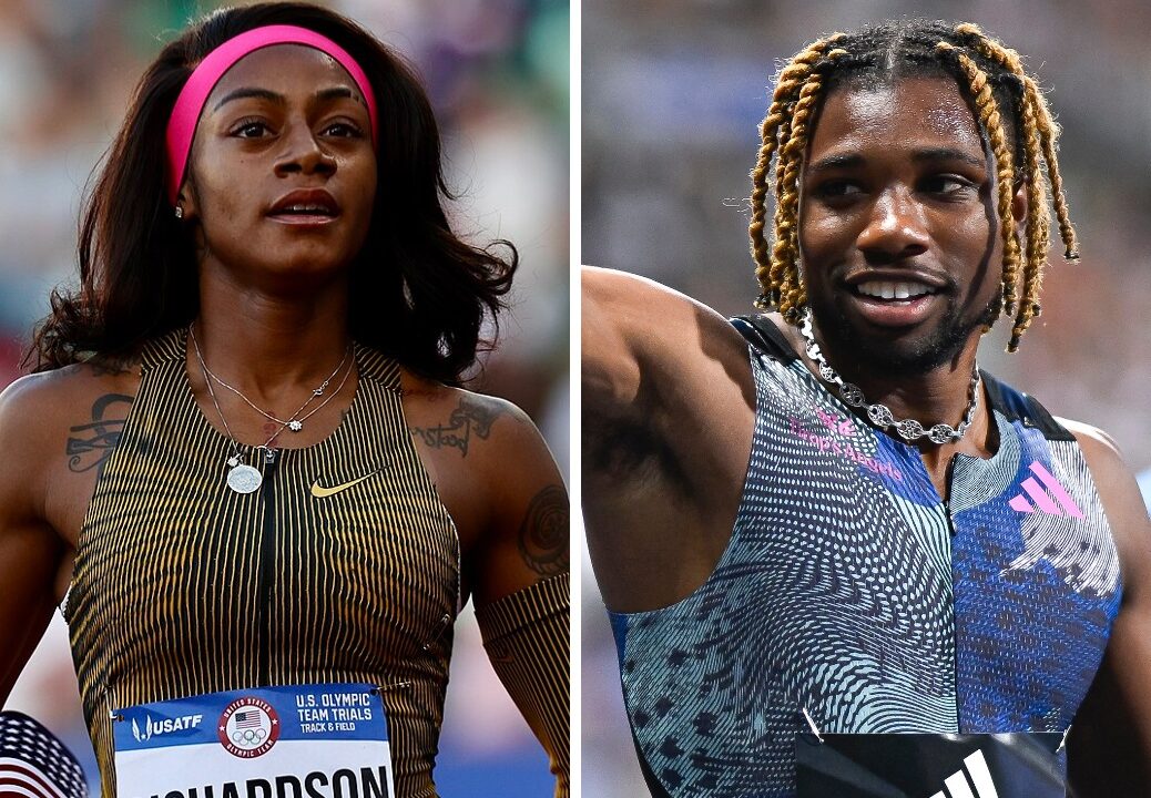 Foto af de amerikanske sprintløbere Noah Lyles og Sha'Carri Richardson, der begge deltager ved OL i Paris 2024