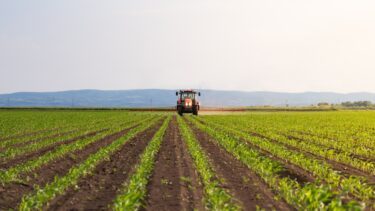 En traktor, der spreder pesticider ud over mark