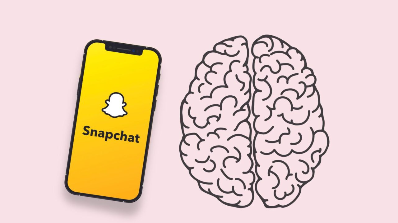 En mobil med appen 'snapchat' ses ved siden af en animation af en hjerne