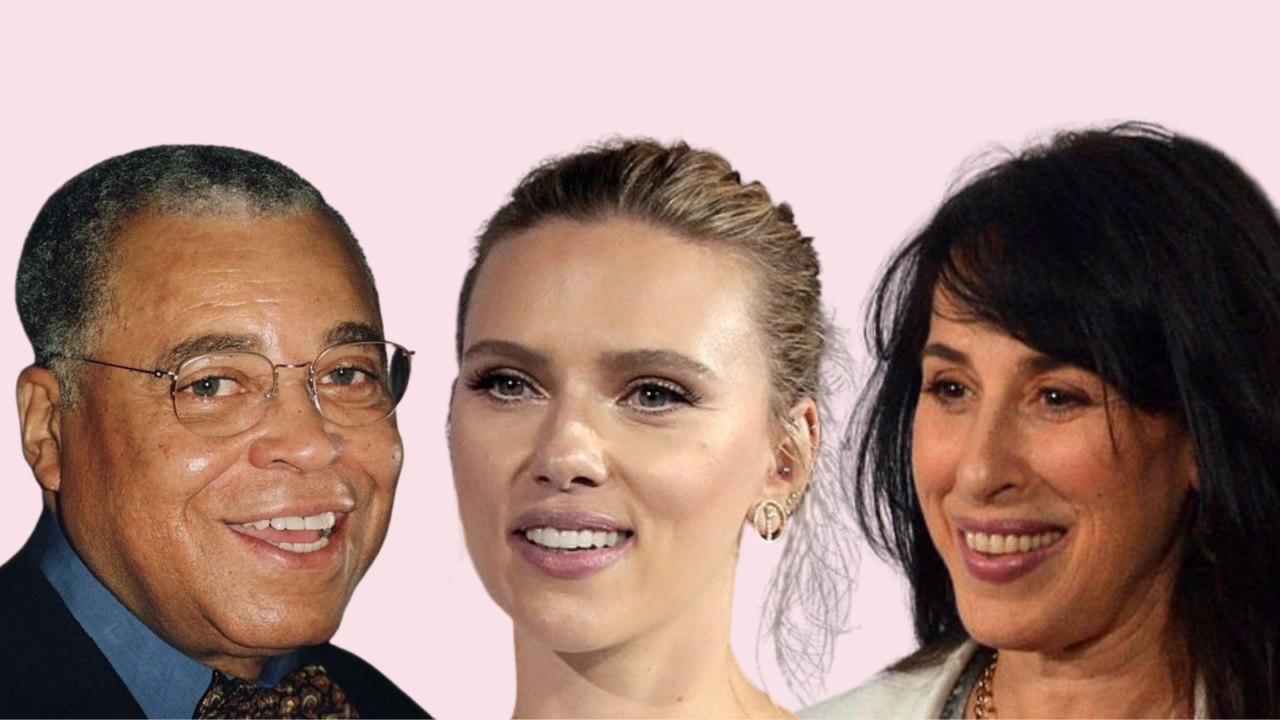 Collage med billeder af skuespillerne Scarlett Johansson, James Earl Jones og Maggie Wheeler