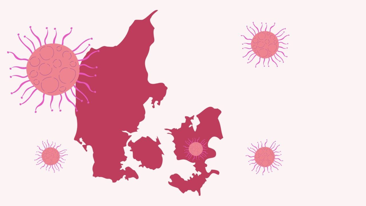 Illustration af Danmark med spredte kræftceller rundt omkring.