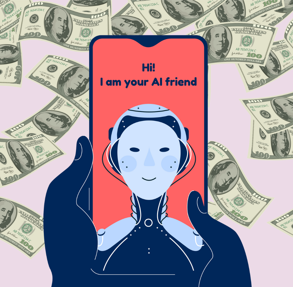 chatbot-ven og pengeregn i baggrunden