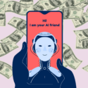 chatbot-ven og pengeregn i baggrunden