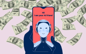 chatbot-ven og pengeregn i baggrunden