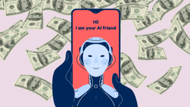 chatbot-ven og pengeregn i baggrunden