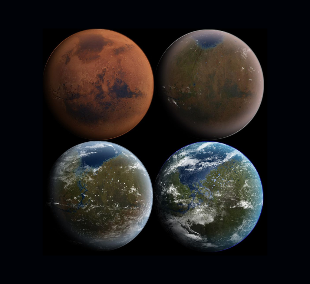 En illustration af, hvordan Mars kommer til at se ud, hvis vi terraformer planeten, i fire trin - fra den røde planet, vi kender, til noget meget jordlignende