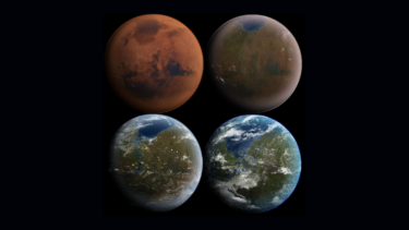 En illustration af, hvordan Mars kommer til at se ud, hvis vi terraformer planeten, i fire trin - fra den røde planet, vi kender, til noget meget jordlignende