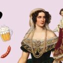 Illustration med billede af det tyske kongepar Therese og Ludwig med hjerter, fadøl, bratwurst og pretzel