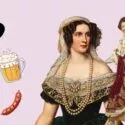 Illustration med billede af det tyske kongepar Therese og Ludwig med hjerter, fadøl, bratwurst og pretzel