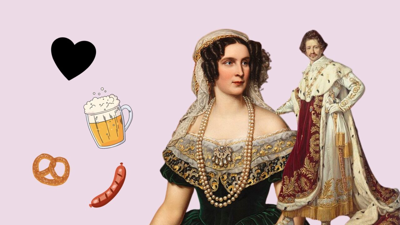 Illustration med billede af det tyske kongepar Therese og Ludwig med hjerter, fadøl, bratwurst og pretzel