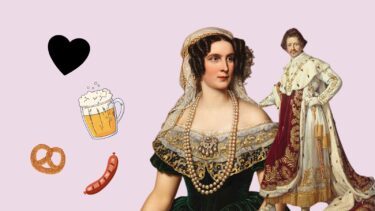 Illustration med billede af det tyske kongepar Therese og Ludwig med hjerter, fadøl, bratwurst og pretzel
