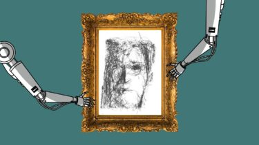 Illustration af et maleri, der holdes af to robotarme.