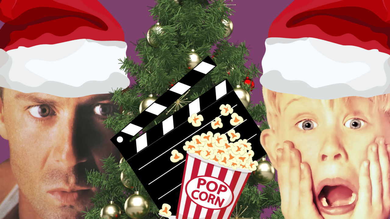 Bruce Willis og Kevin fra Alene hjemme står ved et juletræ og symboliserer julefilm