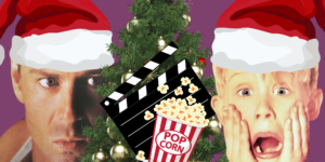 Bruce Willis og Kevin fra Alene hjemme står ved et juletræ og symboliserer julefilm