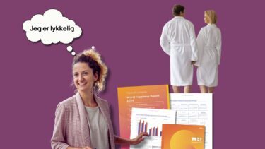 En collage med en kvinde, der holder et kreditkort, mens en tankebobel viser, at hun tænker, at hun er lykkelig. I baggrunden kan man se hendes partner sammen med en anden kvinde.
