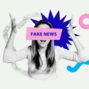En collage med en kvinde, der slår opgivende ud med armene og et 'fake news' banner foran øjnene