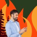 Illustration, hvor en mand kigger på sin mobil, mens verden står i flammer bag ham
