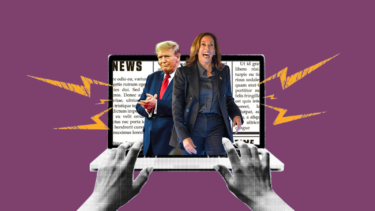 Kamala Harris og Trump popper ud af en laptop