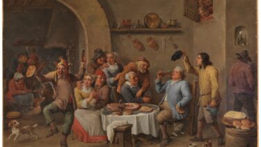 Maleri af familie, der holder jul i Middelalderen