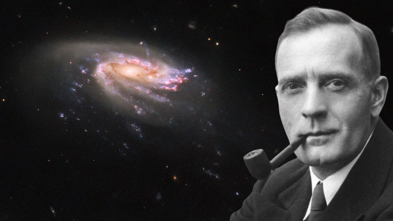 Illustration af Edwin Hubble, der er ophavsmand til stort gennembrud om galakser. På billedet ses også et billede af en galakse.
